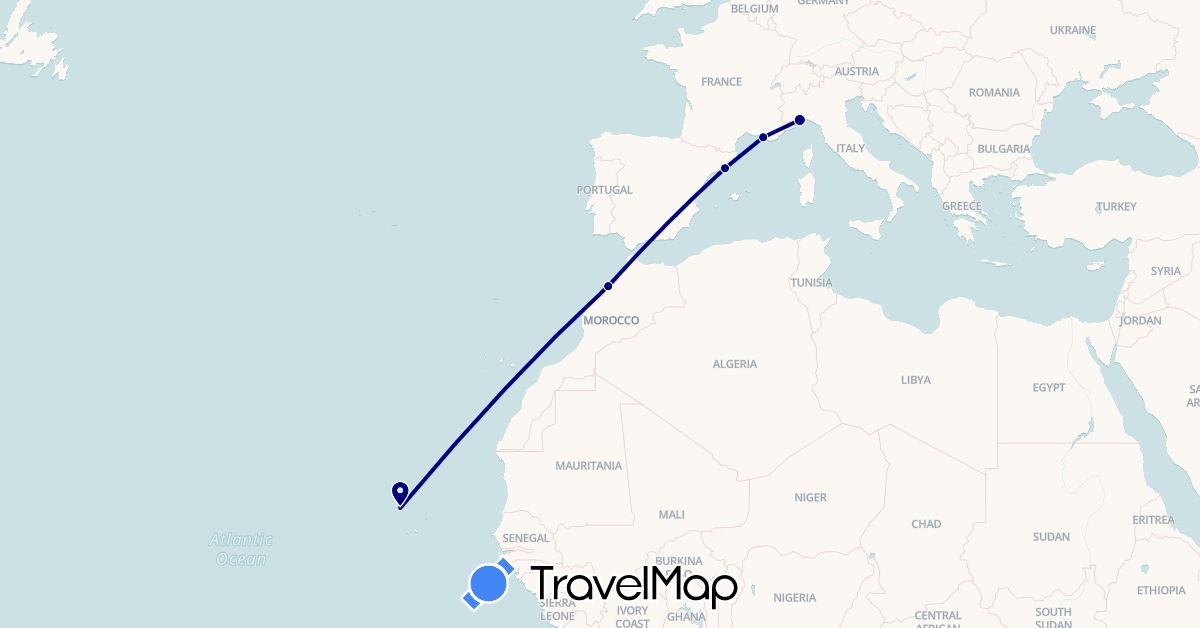 TravelMap itinerary: driving in Cape Verde, Spain, France, Italy, Morocco (Africa, Europe)